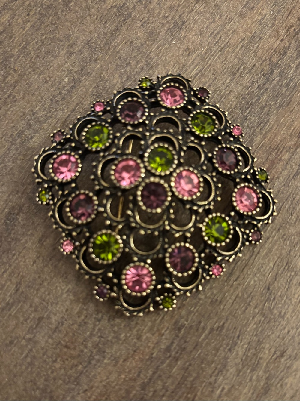 Sarah Coventry Pink and Green Crystal Floral Filigree Brooch